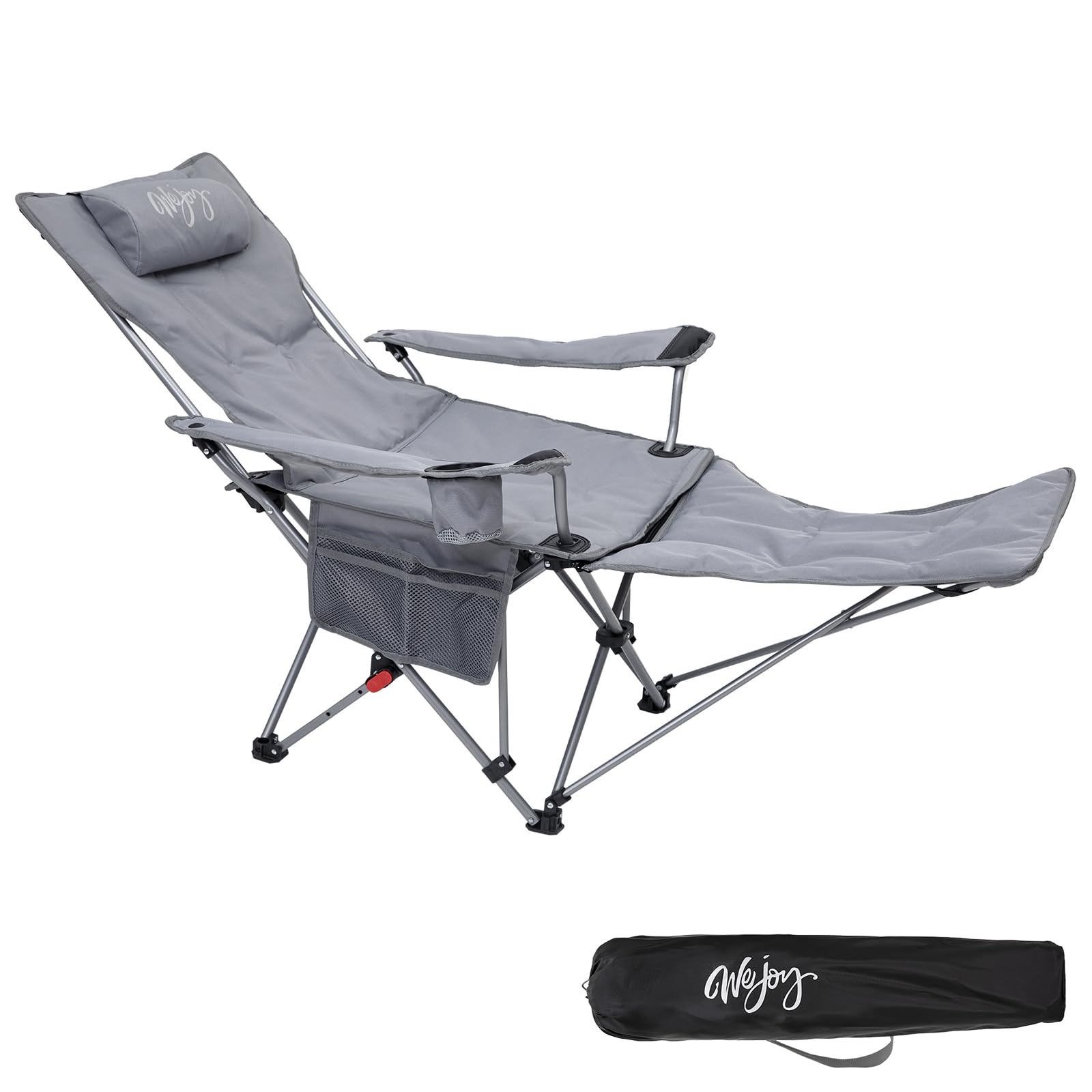#WEJOY 2 en 1 Silla de Camping Plegable, Acolchado Silla Tumbona de Playa Reclinable Portátil, Respaldo Ajustable de 3 Niveles, Carga 136 kg, Silla Plegable para Exterior Jardín Pesca, Gris