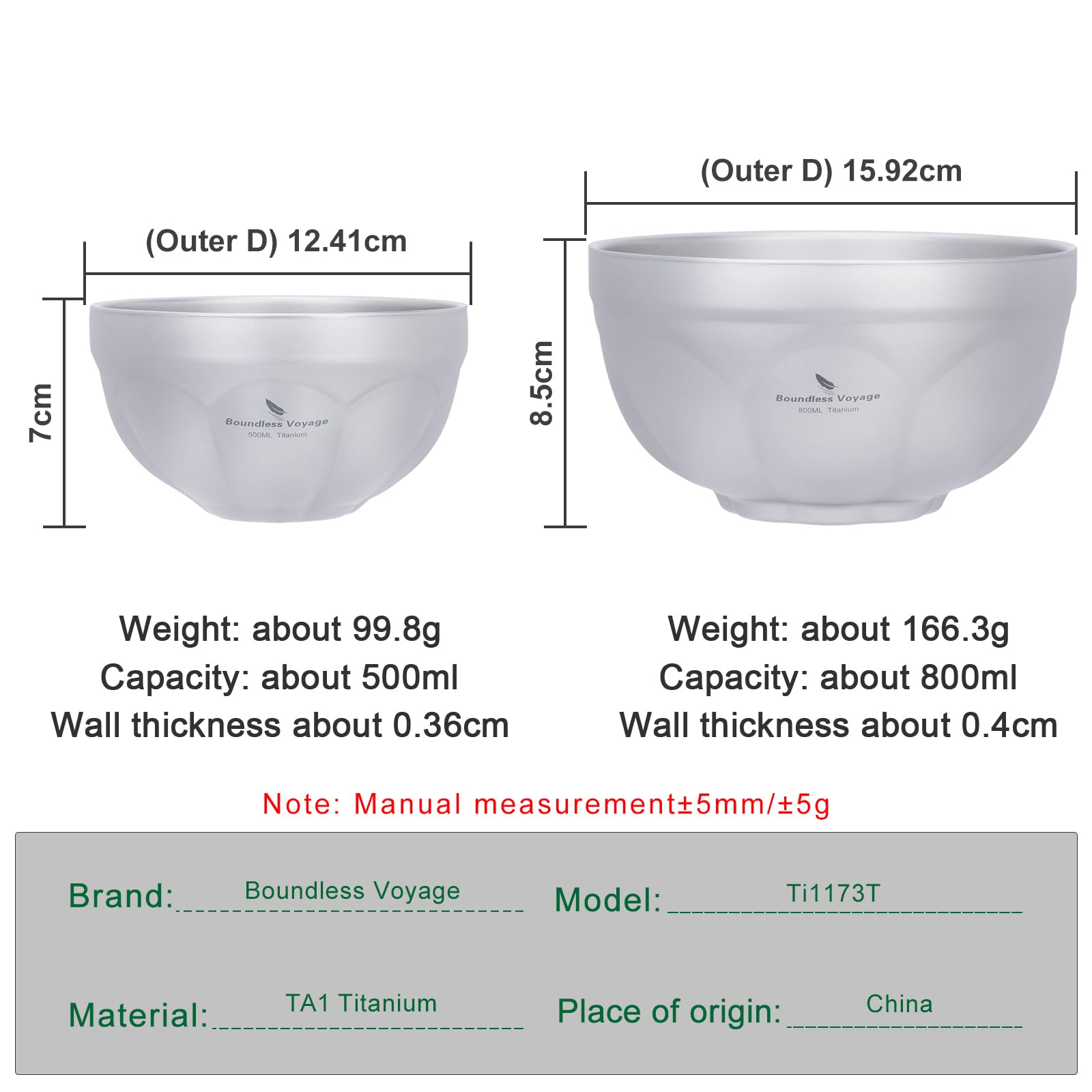Boundless Voyage 500ml 800ml Titanium Double Walled Camping Bowls Rice Soup Oatmeal Yogurt Serving Bowl Ultralight Tableware, Dishwasher Safe Ti1173T