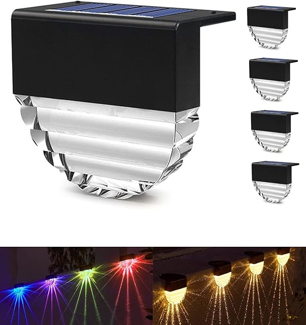 KALAHOL Solar Lights Outdoor, 4 Pack Solar Fence Lights, IP65 Waterproof Solar Step Lights, AUTO ON/Off, Outdoor Fence Solar Lights Warm White/Color Changing for Pathway, Patio, Stair