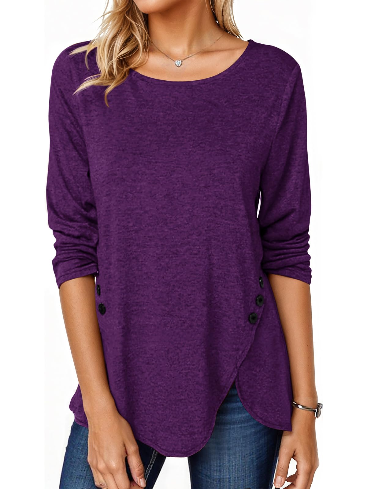 Fisoew Womens Casual Long Sleeve Tunic Tops Round Neck Shirt Button Side Basic Tees Wearring with Leggings 2024