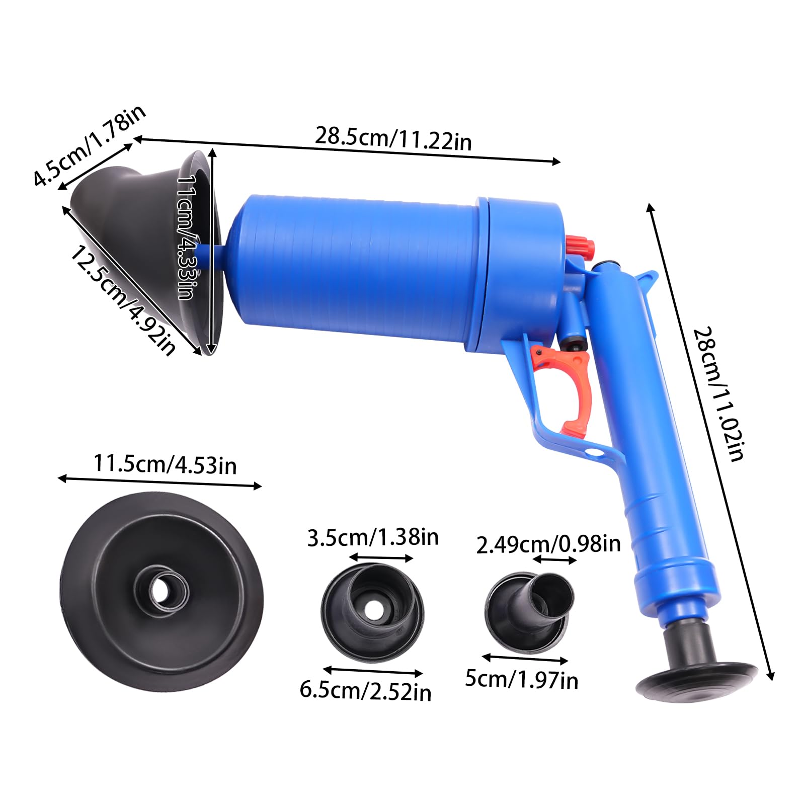 Limpiador de tuberías de aire comprimido, 4 bares, bomba de desagüe, juego de limpieza de tuberías para desagüe de suelo, lavabo, aguas residuales, bañera, azul oscuro (azul)
