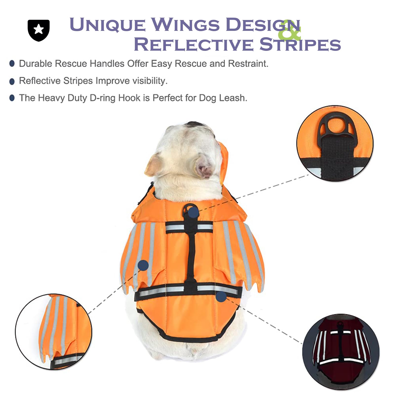 Chaleco Salvavidas para Perros con Alas, Chaleco Chaqueta Mascotas Salvavidas Reflexivo con Mentón para Piscina, Canotaje, para Perros Pequeños, Medianos, Grandes con manija de Rescate
