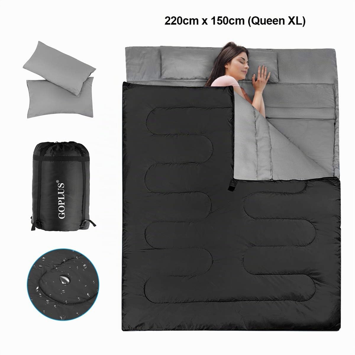 COSTWAY Sac de Couchage pour 2 Personnes avec 2 Oreillers Résistant au Vent et Imperméable Idéal pour la Randonnée, Les Voyages, Le Camping, et Les Activités Extérieures