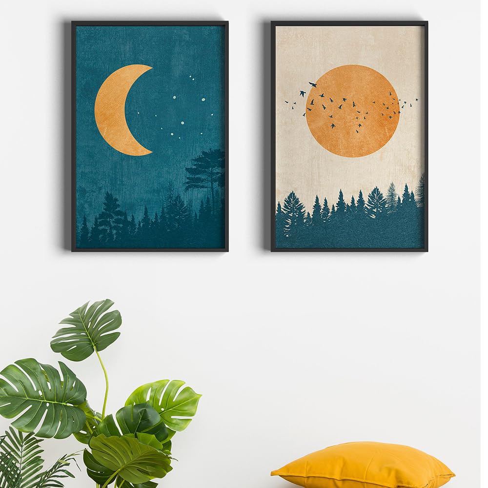 WUHBCZ Art Decor,Boho Day Night Poster Abstract Art Print Tree Sun Moon Stars Canvas Painting Vintage Nordic Wall Picture for Bedroom Home Decor-30 * 50cm*2PCS (No Frame)