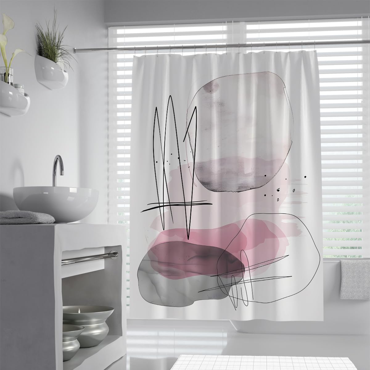 UIRINGART Artistic Shower Curtain W150xL200cm Pink Shape Grey Blob Art Machine Washable Easy to care Polyester Fabric Lightweight Bathroom Bathtub Curtains