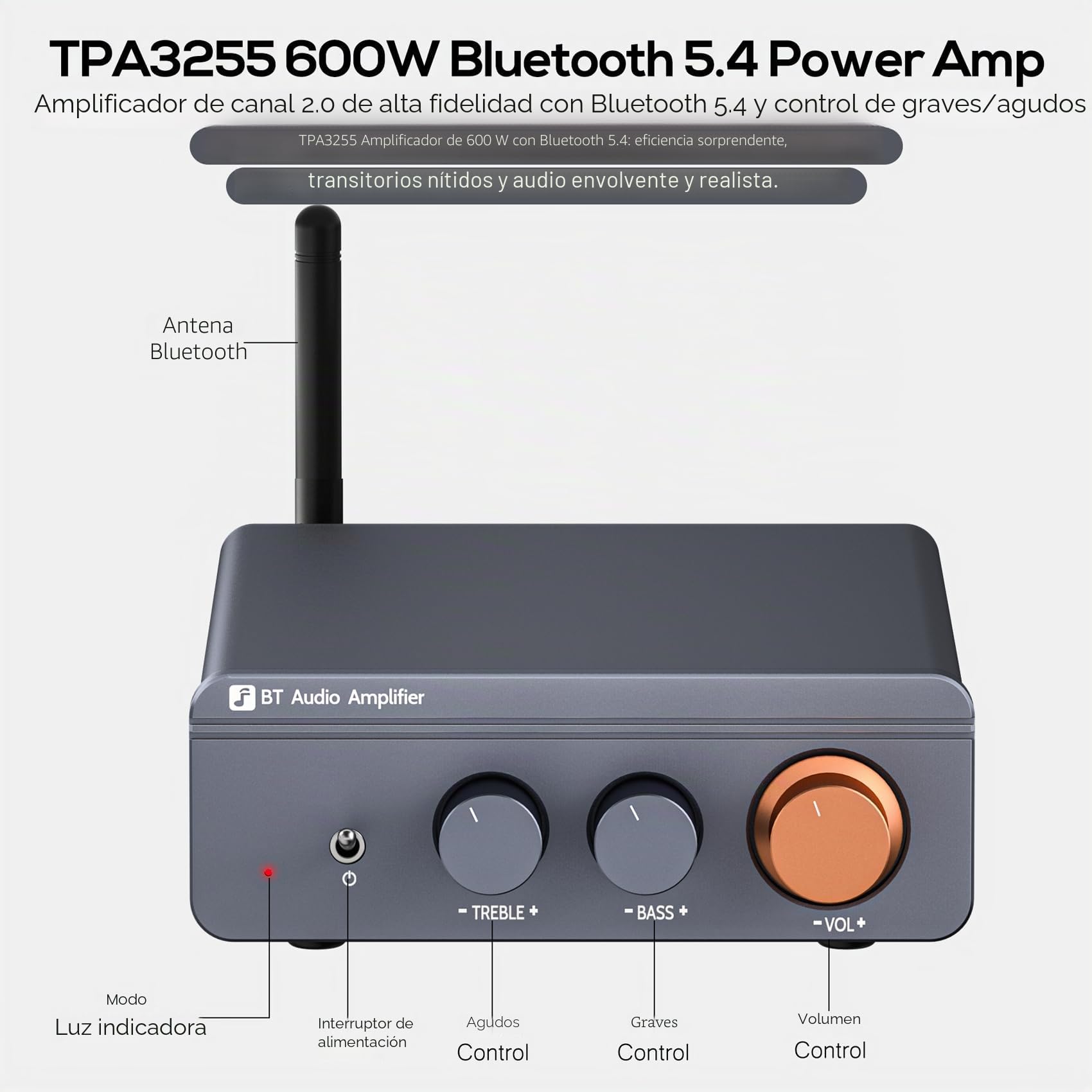 Amplificador Audio, Mini Amplificador HiFi 600W Estéreo Bluetooth 5.4 Clase D Estéreo 2 Canales, Chip TPA3255 Ajuste de Graves y Agudos
