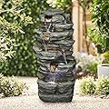 SunJet 6-Tier Outdoor Water Fountain with LED Lights - 32.6inches Rock Water Fountain for Home Garden, Yard, Patio, Deck Decor - Soothing Tranquility Floor-Standing Fountain