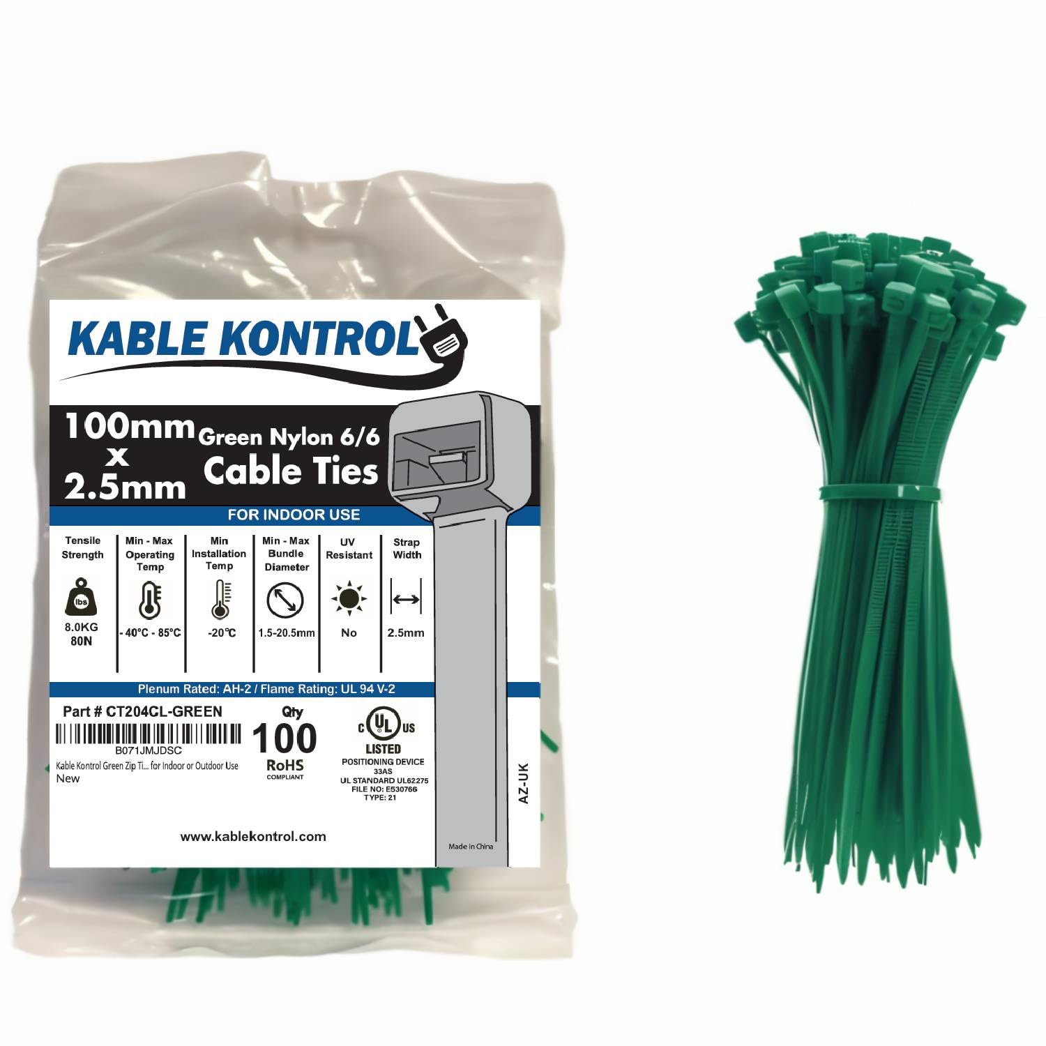 Kable Kontrol Green Cable Ties, 100 Mm X 2.5 Mm, Pack Of 100, 4" Premium Nylon Zip Ties, Multi-Purpose Plastic Tie Wraps, Secure Self-Locking Mechanism, For Home, Garden, Office And Diy