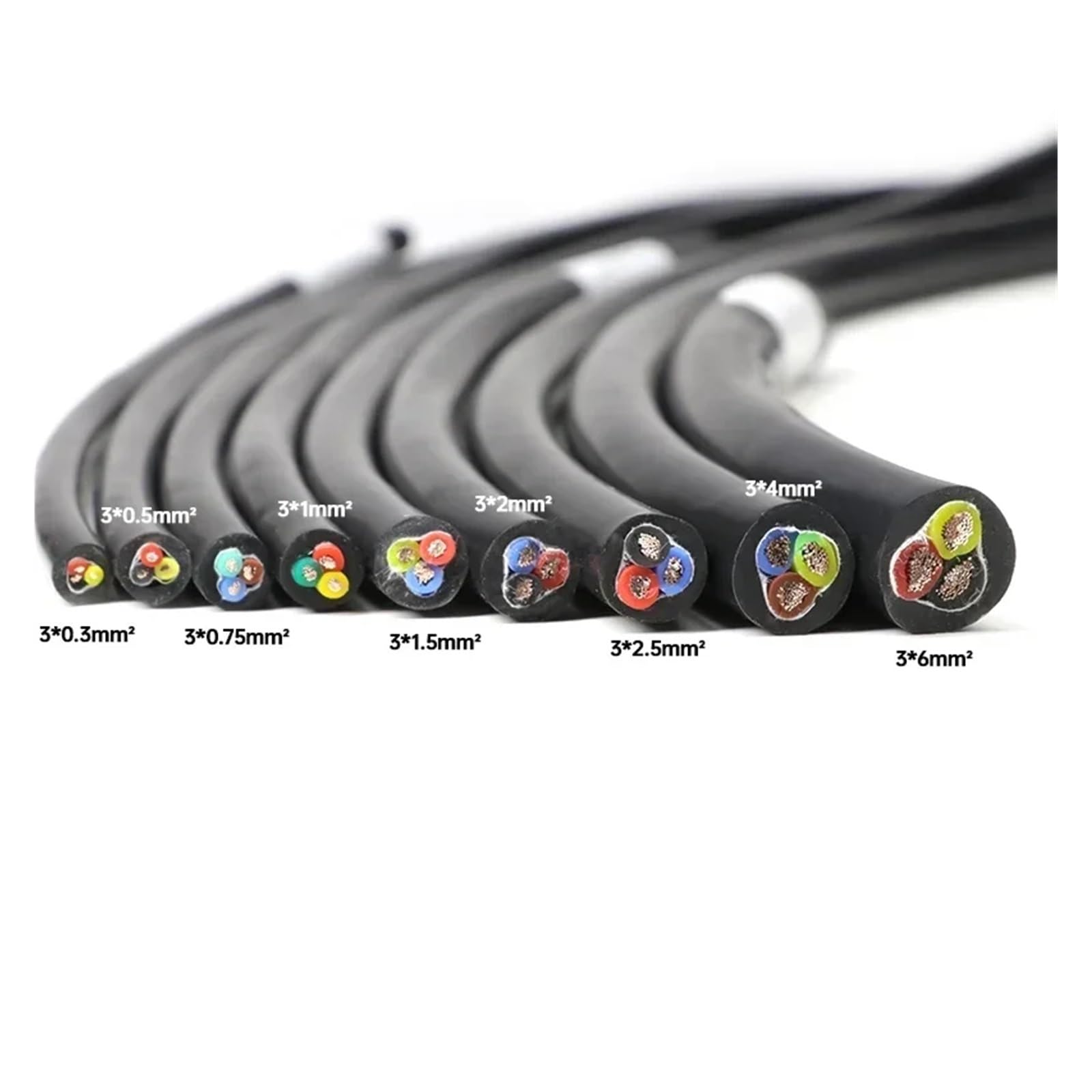 1-10 m schwarzes, flexibles Silikonkabel, quadratisch, 0,3/0,5/0,75/1/1,5/2/2,5/4/6 mm x 2/3/4/6 Adern, verzinntes Kupfer, Hochtemperaturkabel(0.5mm,2 meters,3 cores)