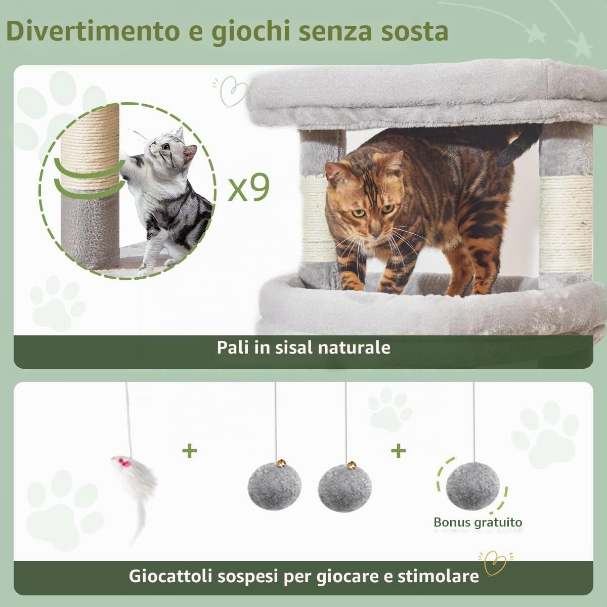 Taoqimiao Tiragraffi per Gatti, 180cm Stabile Tiragraffi per Gatti Adulti xxl con Accogliente Grotte, Amaca, Piattaforma extra large, cestino Sospeso, 8 Pali Graffiatoi, Grigio Chiaro MS034W