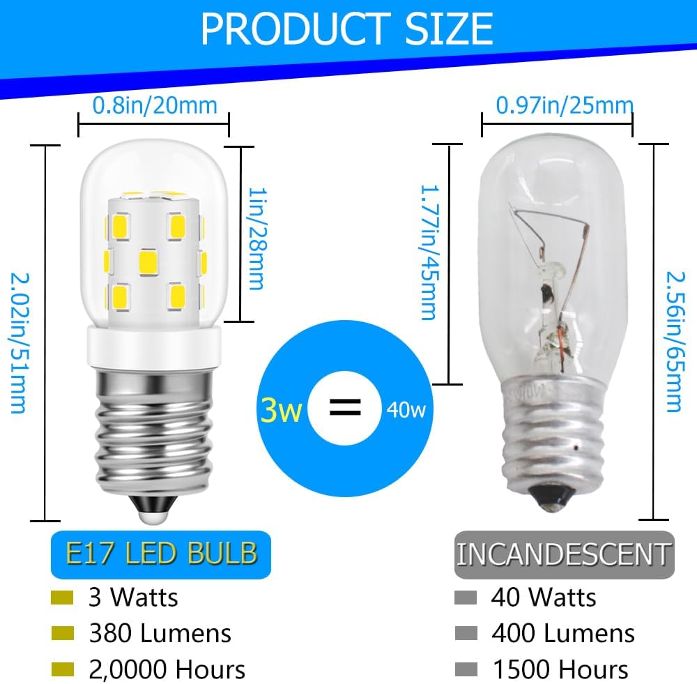NETEHA AC 125V 3W E17 Base T7 Microwave Dimmable LED Light Bulb, 5000K Daylight White Over Stove Appliance Light for Refrigerator, Range Hood, 8206232A Stove Hood (2 Pack)