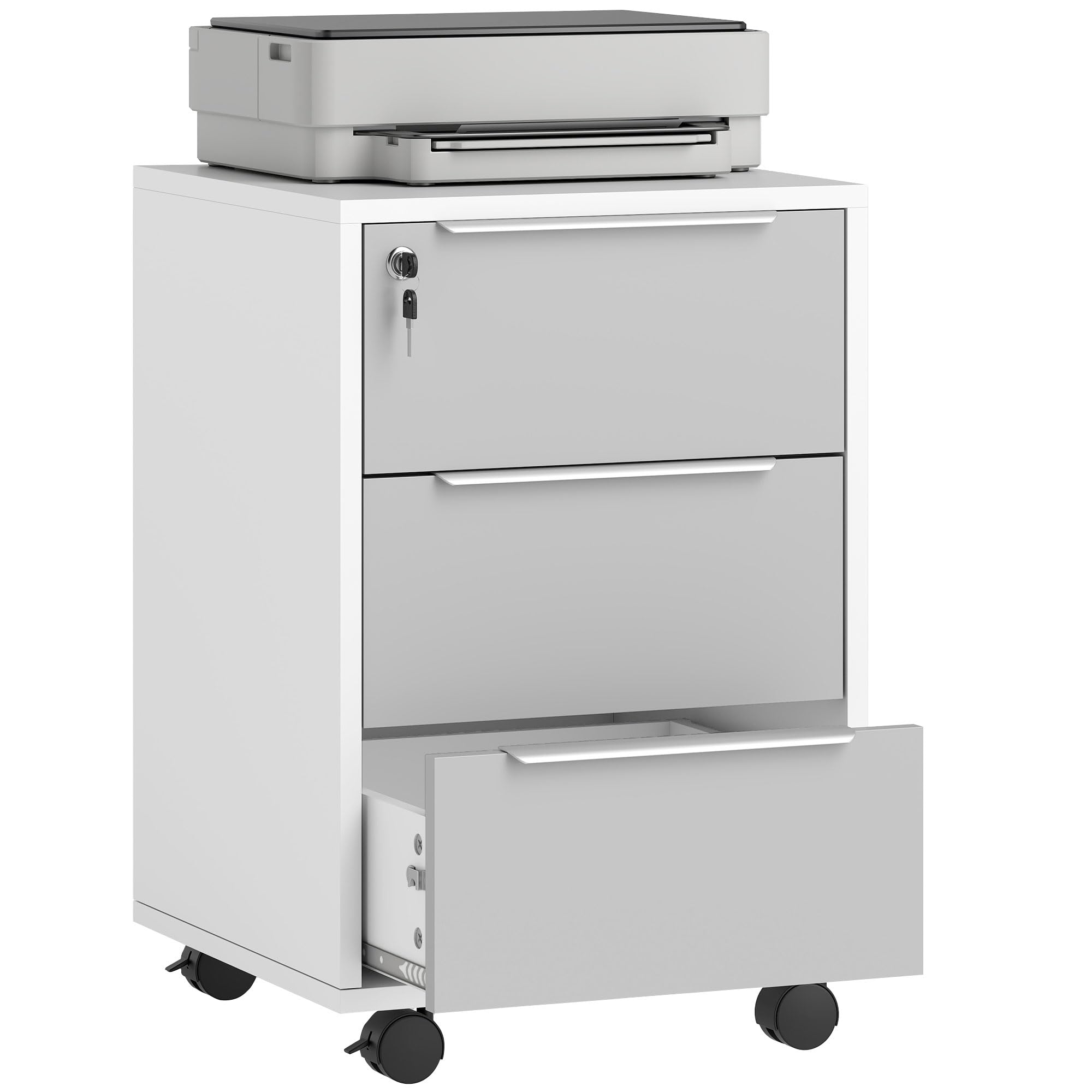 HOMCOM Schedario da Ufficio con 3 Cassetti, 4 Ruote, Cassettiera Ufficio con Serratura e 2 Chiavi per Lettera/Formato A4, Armadietto Verticale per Studio, 40x40x63.5 cm, Bianco e Grigio