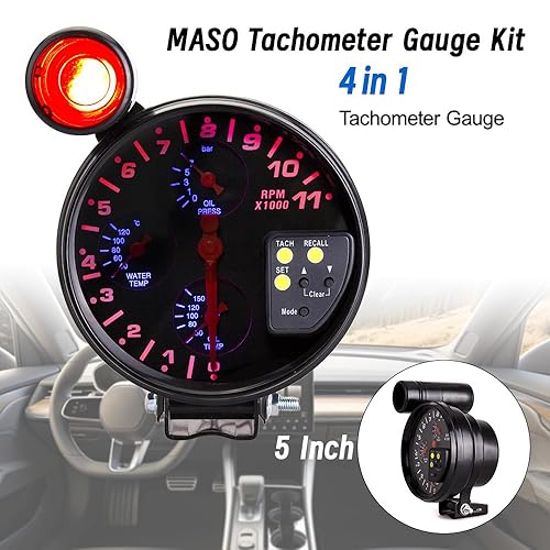 Miniatura 2 de Motor de coche de 5 pulgadas 4 en 1 RPM Medidor de tacómetro de 12 V con asiento y luz de cambio, prensa de aceite de agua y temperatura de aceite