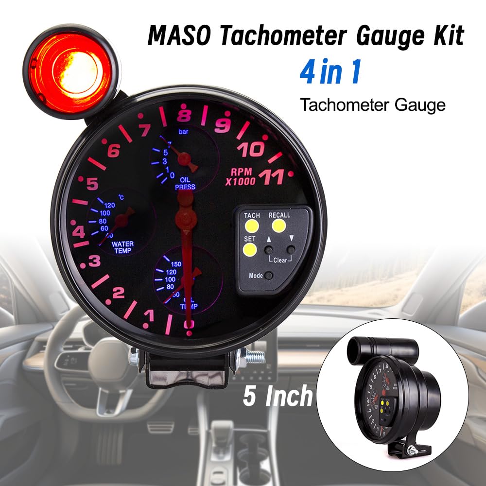 MASO - Tachimetro 4 in 1, 13 cm, giri/min, 12 V, con supporto, con indicatori di cambiata, indicatori di pressione e temperatura olio, per auto