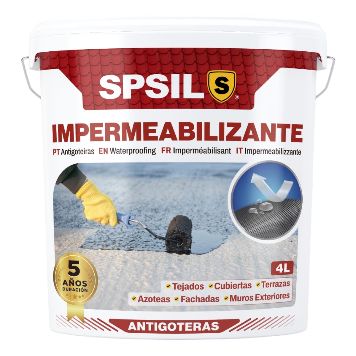 SPSIL Pintura Impermeabilizante Blanca 750 ml-Sellador Antihumedad y Antifiltraciones para Tejados, Terrazas, Cubiertas y Fachadas – Secado Rápido 1-2 h-Protección Exterior Duradera hasta 5 Años — view 7