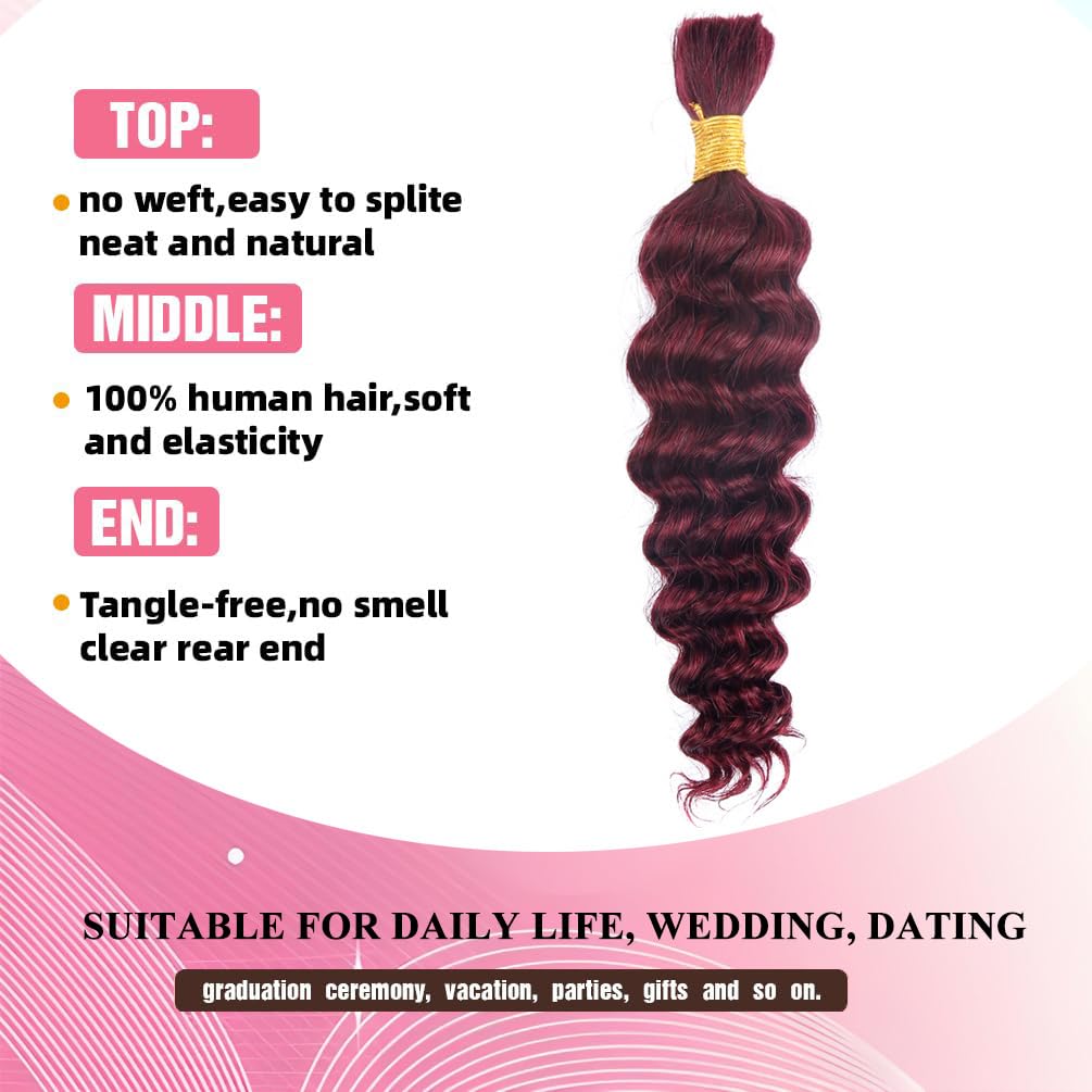 Boho Braids Human Hair Extensions 50g 20 Inch Deep Wave Bulk No Weft Bundles 12A Unprocessed Knotless Bohemian Curly Human Braiding Hair Extension for Women 1 Bundle/Pack Burgundy 99J - Image 2