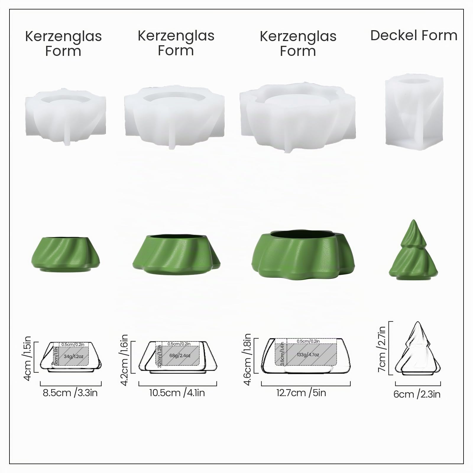 BOOWAN NICOLE Stapeln Weihnachten Weihnachtsbaum Kerzen Jar mit Deckel Beton Silikonformen,Christmas Tree - Kerzenständer Gips Gießformen für Weihnachts Deko (SH1107)