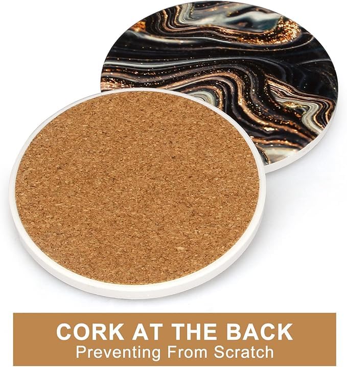 Image of 6 Pcs Black and Gold Wood Coasters with Holder Best Round Absorbent Coasters for Drinks, Coffee, Beer, Table Marble Personalized Coaster Sets
