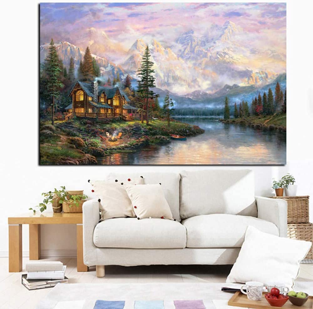 Mxsnow Cathedral Mountain Lodge Wall Art Canvas Painting Posters and Prints Picture by Thomas Kinkade Abstract Landscape Posters Print on Canvas Wall Art Pictures for Living Room Decor No Frame