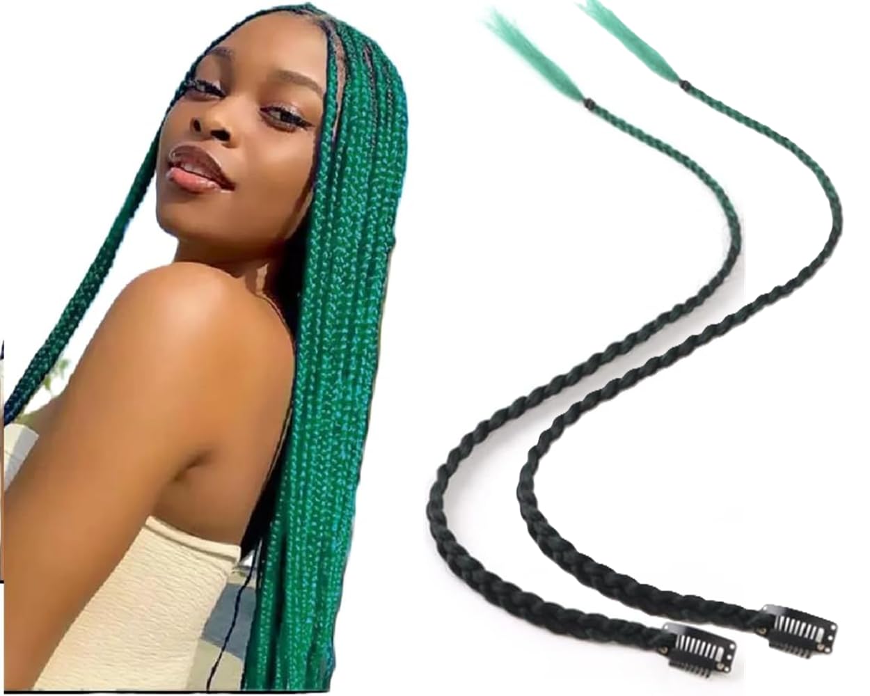 2 x Clip-In Hair Extension Highlights Streaks, Colourful Hair Highlights (Braid - Green), 20 inches