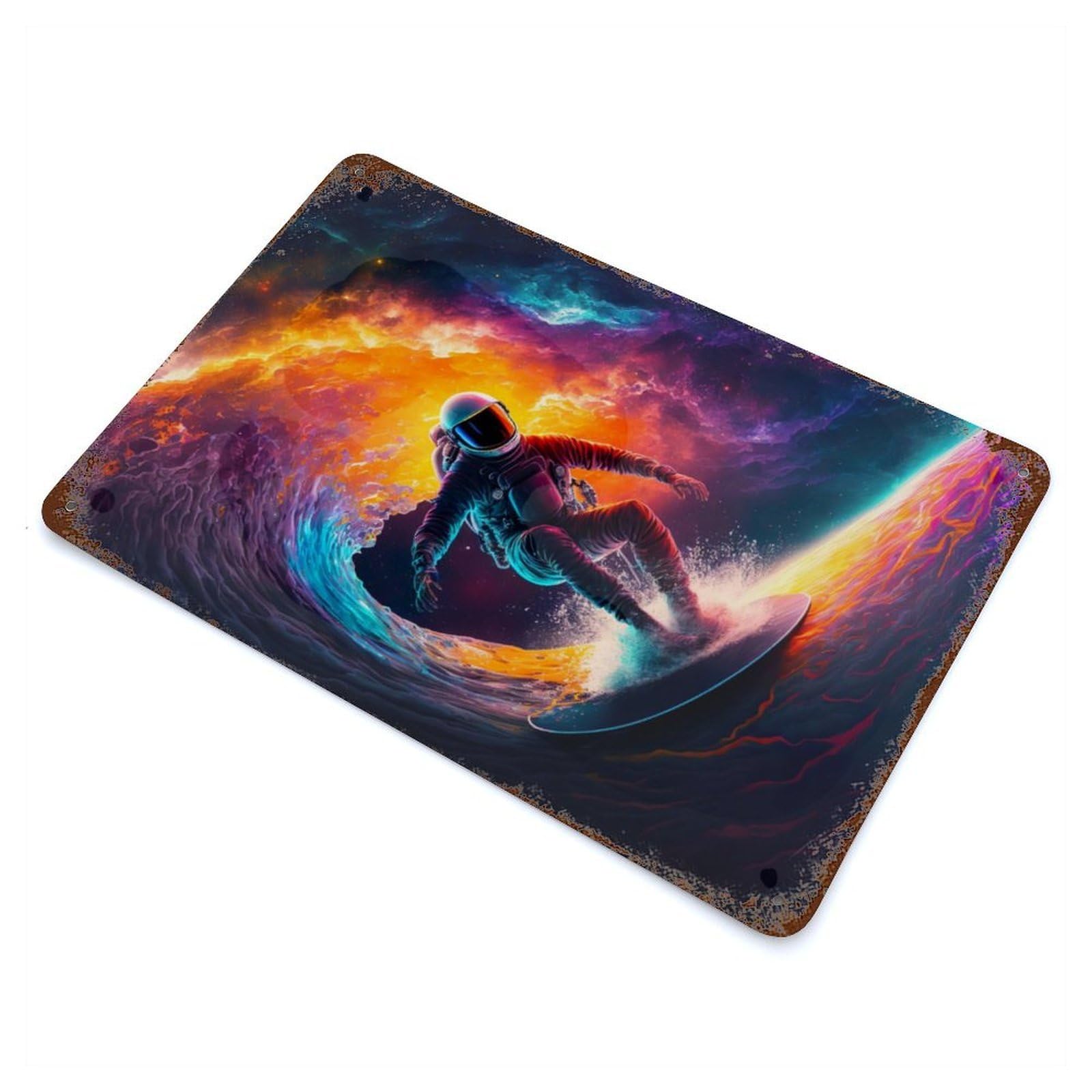 Garage Style Surfing Astronaut Weathered Tin Sign 11.8"x7.9", Classic Wall Plaque for Bar And Workshop