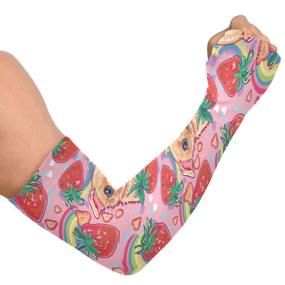 ALAZA Strawberry Puppy Dog Heart Gardening Sleeves Cooling Arm Sleeves Sun Protection Thumb Hole Arm Covers for Women Men