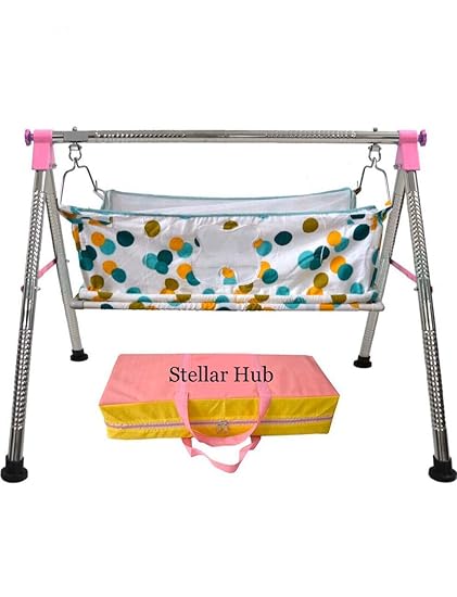 Stellar Hub Baby Boy's and Girl's Fully Folding Swing Cradle Ghodiyu with Flat Sleeping Bed Cloth Swing Having Mosquito Net & PVC Pipe-Kit,Pink