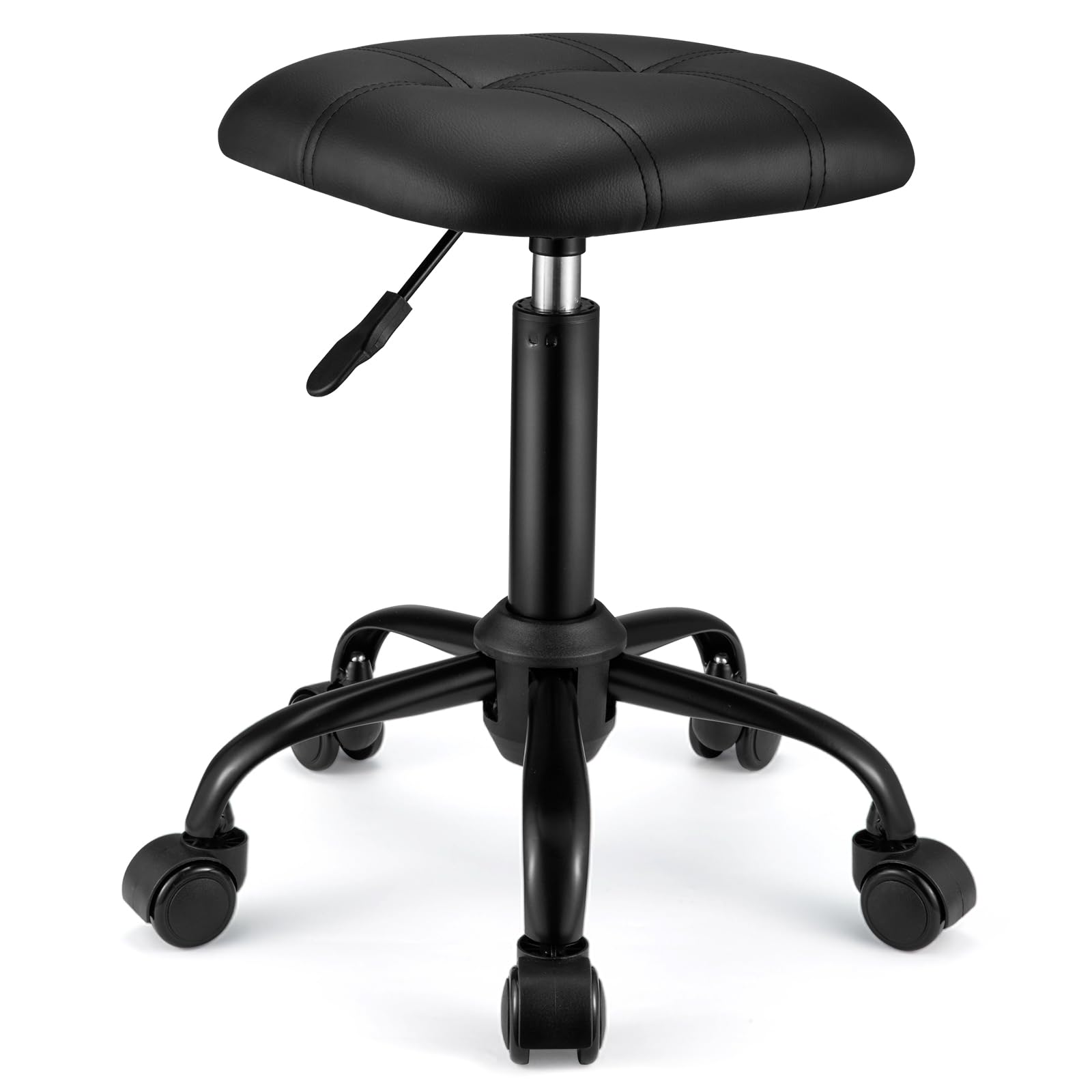 FNZIR Square Rolling Stool with Wheels Height Adjustable Swivel Stools Office Chair Black