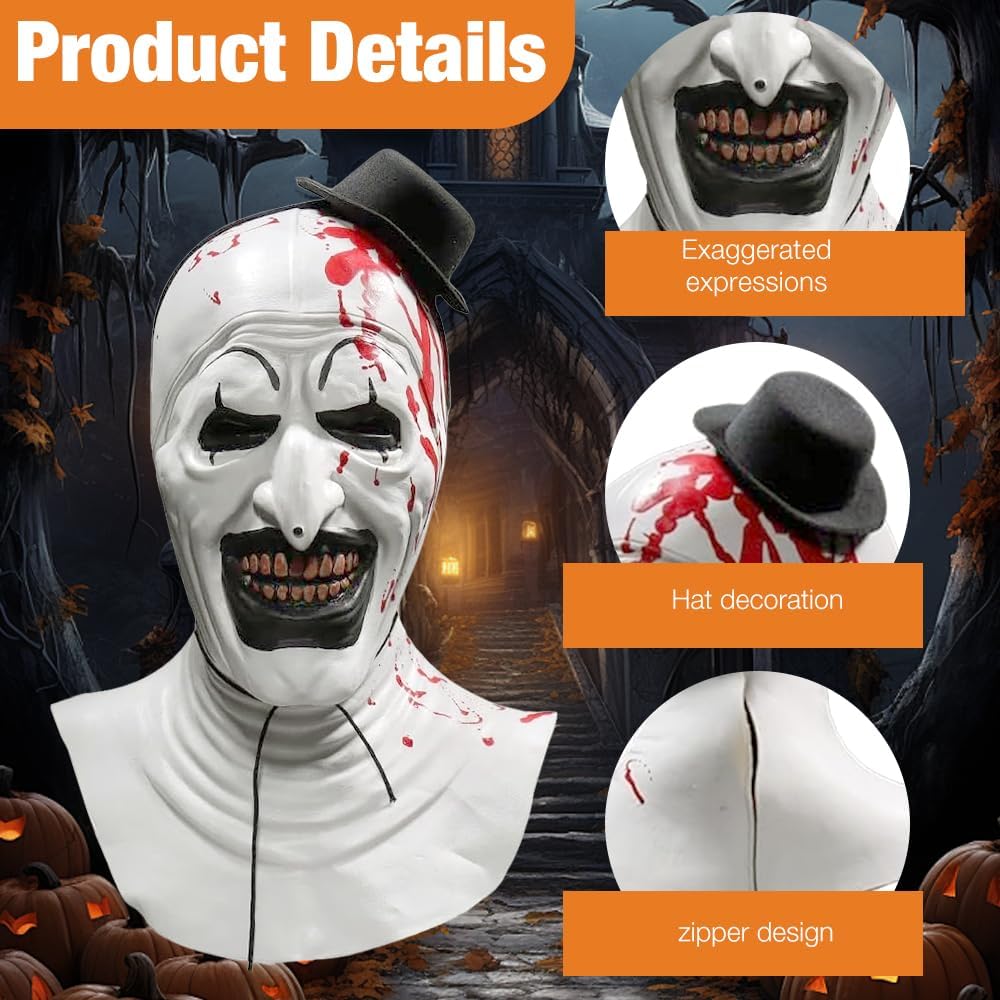 Terrifier Clown Mask Halloween Art The Clown Mask Scary Killer Role Play Full Head Cosplay Scary Props for Adults - Image 4