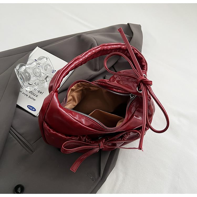 Women Bow Leather Pleated Crescent Shoulder Bag Adjustable Single Strap Crossbody Bag Solid Color Luxury Elegant Ruched Bag Z4