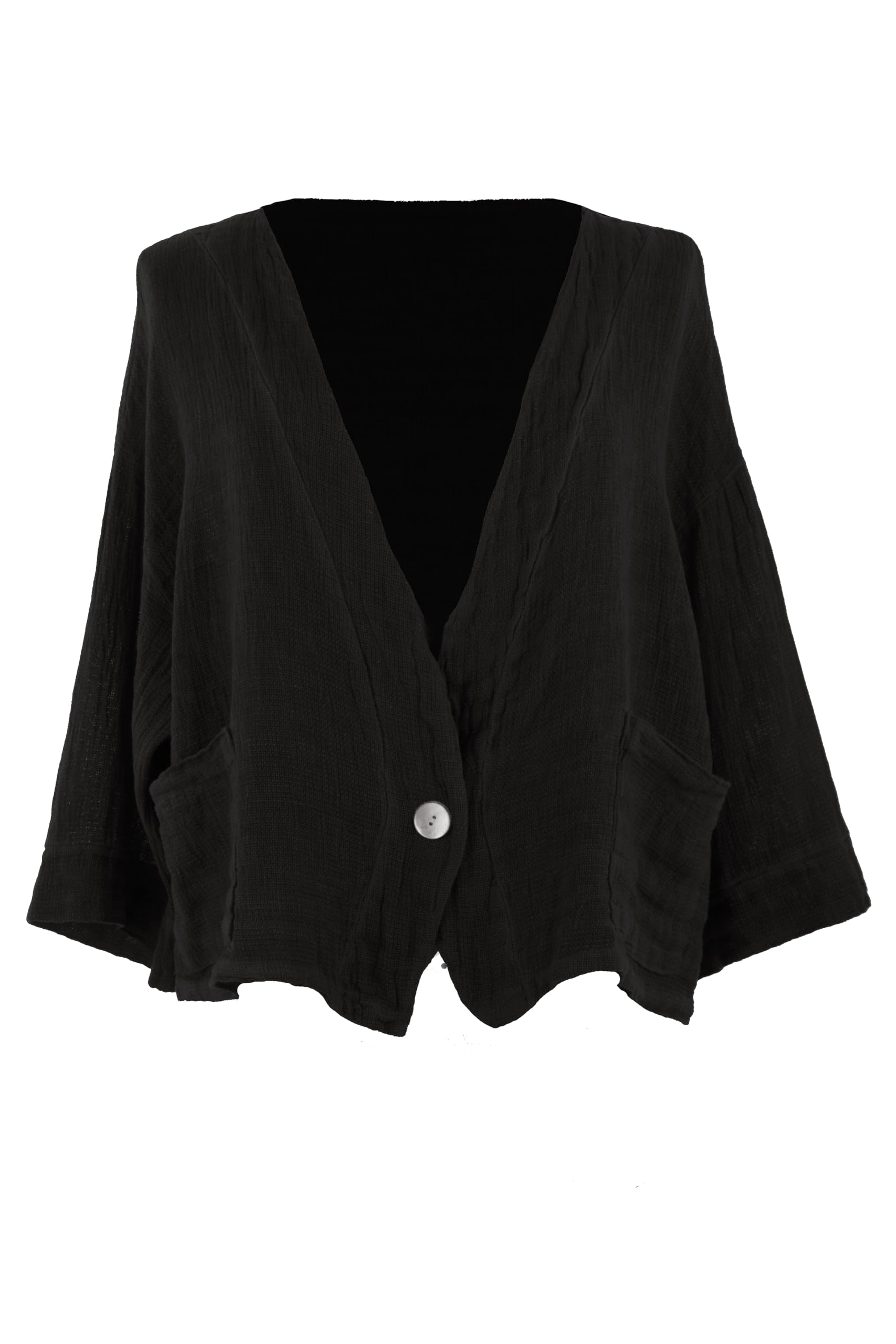 Texture Women's Black Italian Lagenlook Waterfall 2 Pocket Linen Asymmetric Jacket Cardigan One Size (As8, Alpha, One_size, Regular, Regular, )