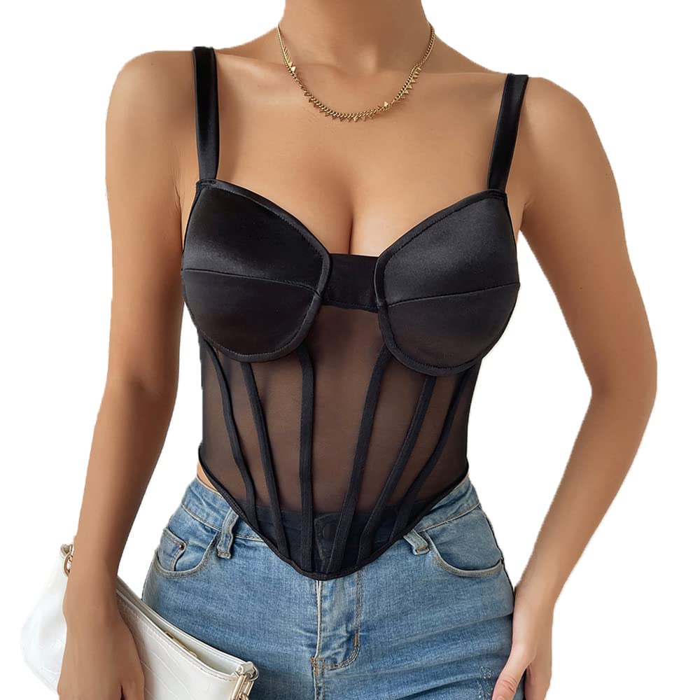 KBRPEY Camiseta sin Mangas Mujer Verano Cuello en V Malla de Retazos Camisola Crop Top Mujer Camisetas de Tirantes Mujer Crop Top Camisola para Playa Discoteca Cita