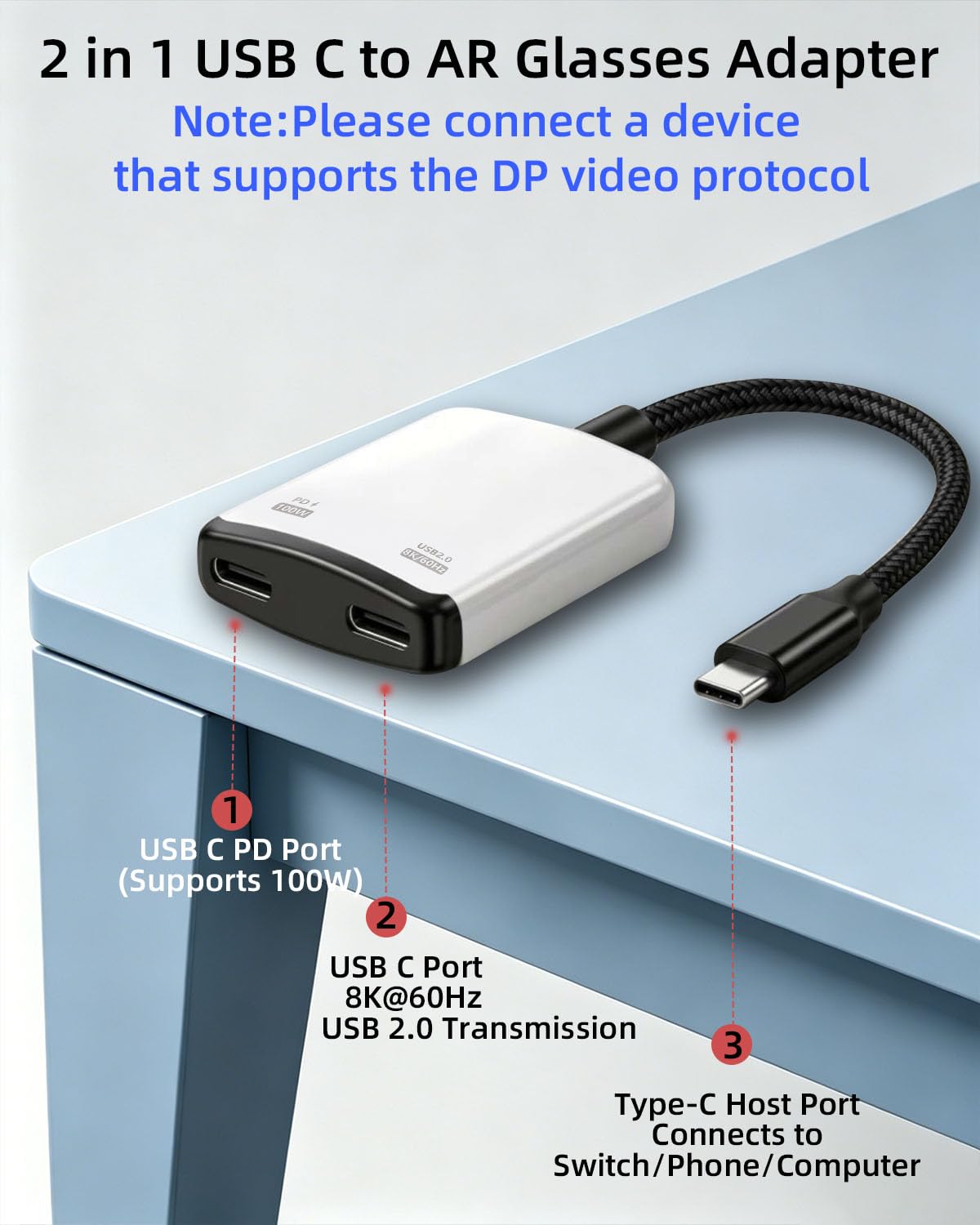GELRHONR Adapter do okularów USB C na AR, koncentrator szybkiego ładowania PD 100 W, ładowanie i odtwarzanie, wyjście wideo 8K przy 60 Hz, do gier ręcznych, okularów AR, laptopów, tabletów