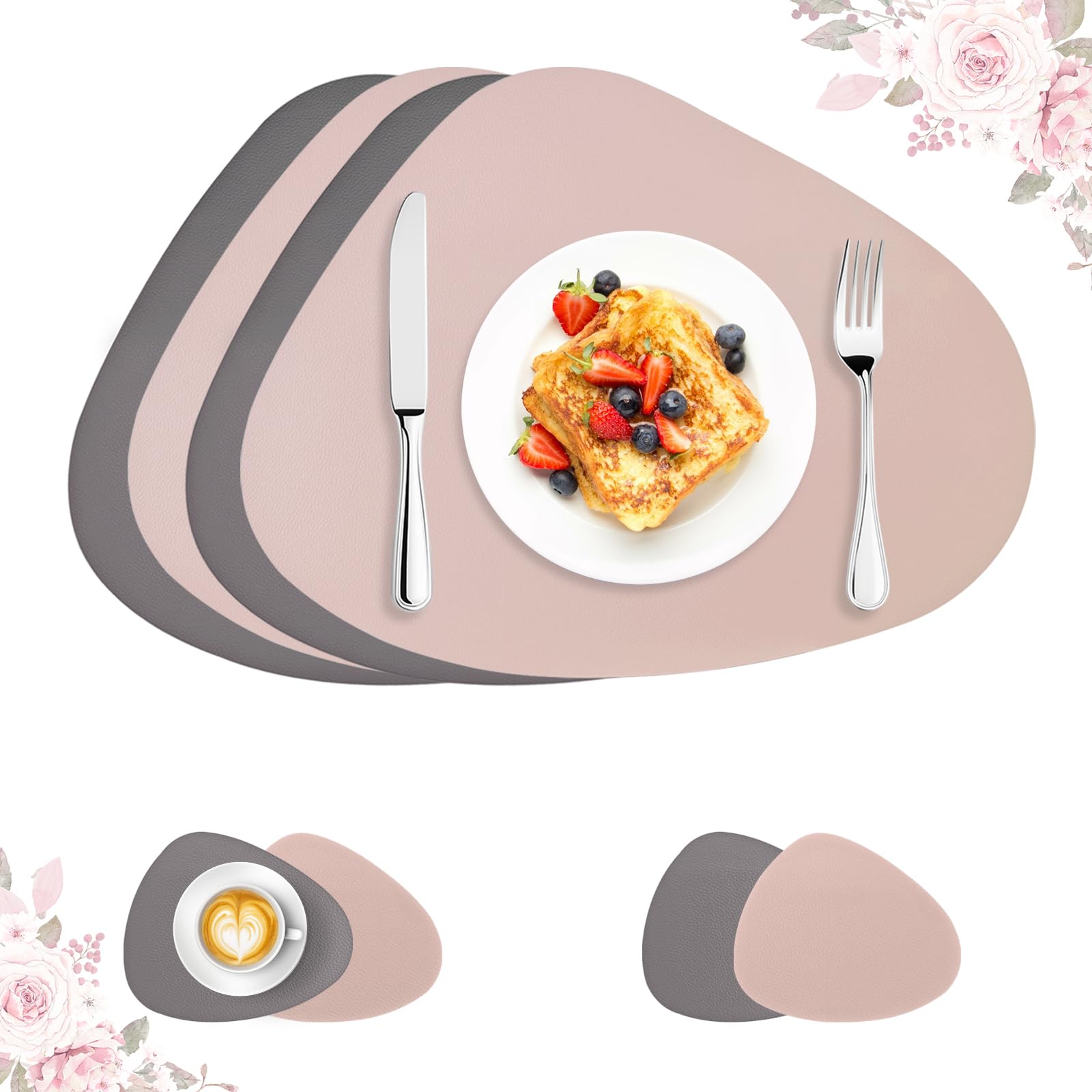 ROEOWENE 4er Set Tischsets Abwaschbar Oval Rund Leder Tischset Platzsets Abwaschbar Wasserdicht Platzdeckchen rutschfest Tischsets und Untersetzer Teller Tischuntersetzer Tischunterlage Esstisch