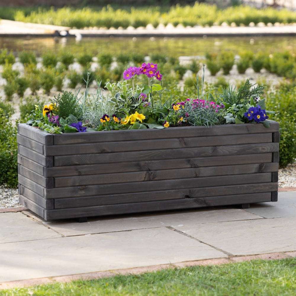 Primrose Grey Pine Raised Flower Bed Trough Outdoor Planter In Large 110Cm X 40Cm (43In X 15.75In)
