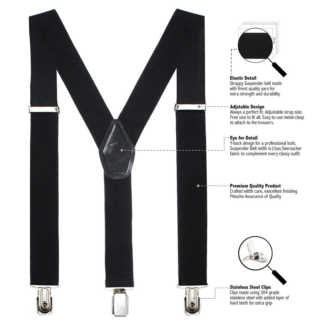 Peluche Plain Black Black Coloured 3.5cm Strap Width Elastic Suspenders for Men - Image 3 thumbnail