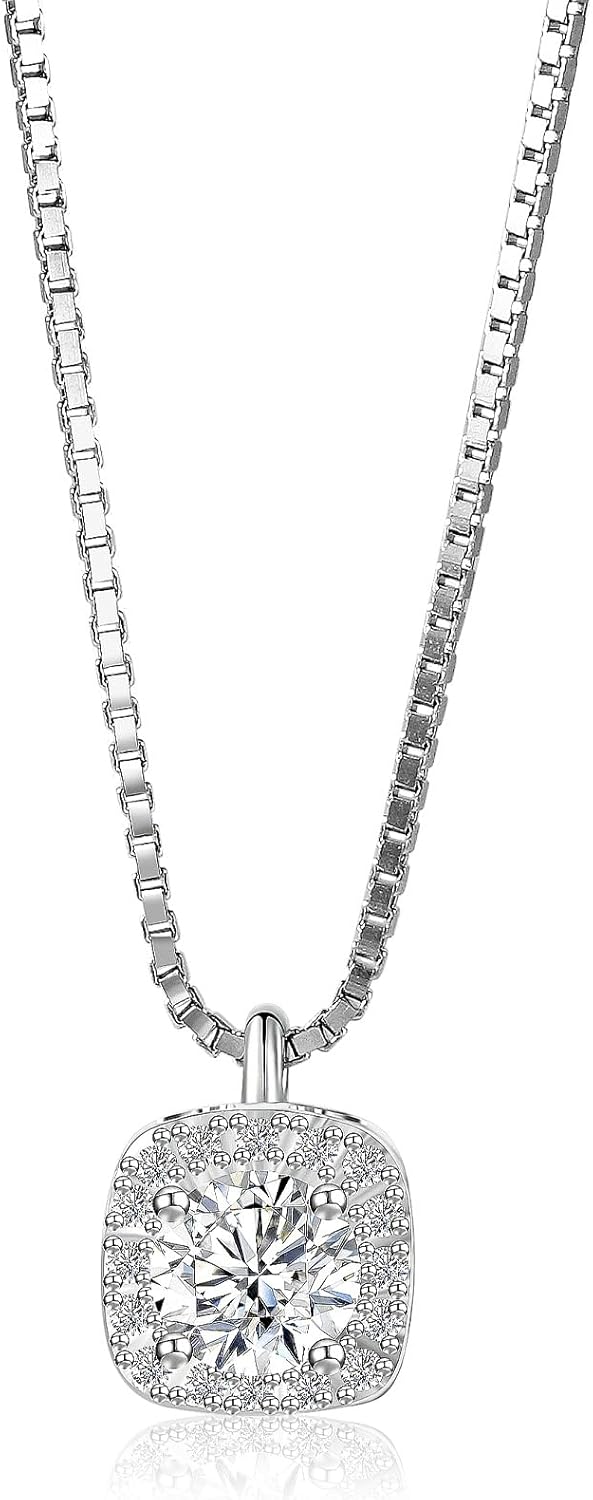 925 Sterling Silver Necklace Solitaire (8mm) Dainty Square Cubic Zircon Necklace Pendant Hypoallergenic Necklaces for Women | 18"+2" Adjustable Box Chain Gift for Her