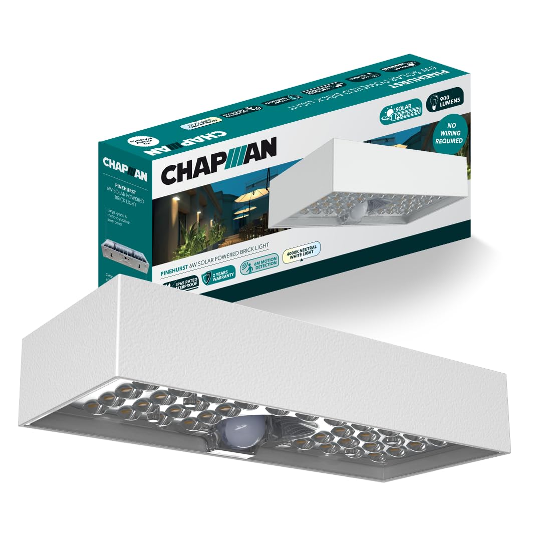 Chapman Pinehurst 6W PIR LED Solar Brick Lights Outdoor, IP65 Waterproof Wall Lights with Motion Sensor, 4000K Cool White Solar Lights for Garden, Paths, Driveways & Outdoor Security Lighting (White)