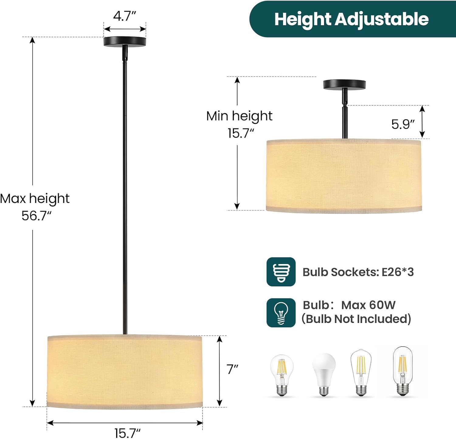 16'' Modern Chandelier, 3-Light Drum Chandelier with Classic Fabric Linen Shade, Farmhouse Adjustable Pendant Light Fixture for Dining Room, Bedroom, and Kitchen