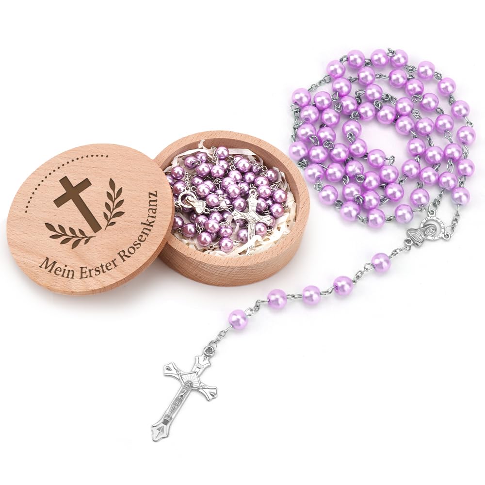 FIDWALL Mein erster Rosenkranz mit Aufbewahrungsbox – Tauf- und Baby-Shower-Geschenk für Mädchen und Jungen | Katholischer Heiliger Erstkommunion Rosenkranz Perlen (Lila)
