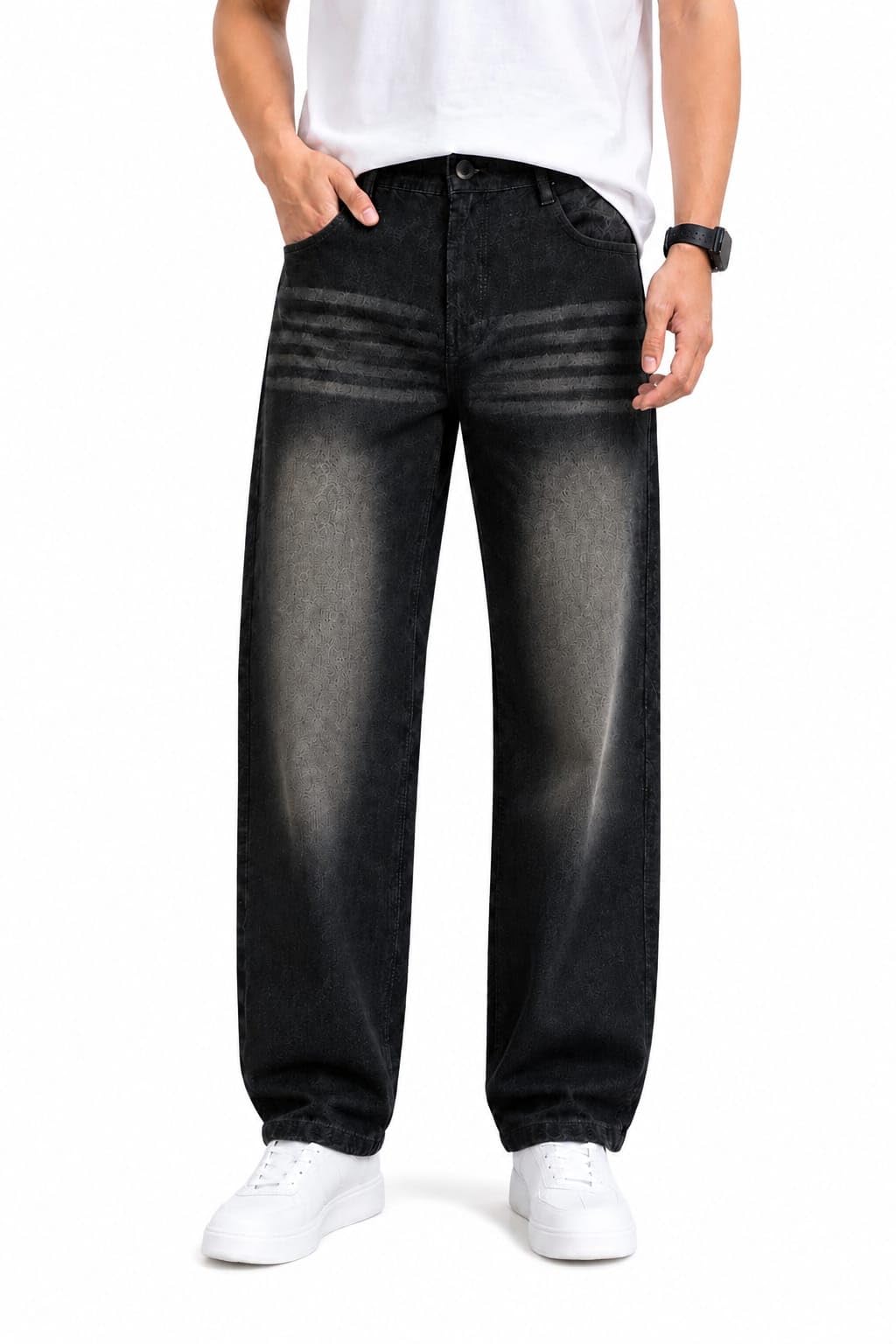 Men's Loose Fit Washed Black Straight Denim Jeans (in, 32)-image-10