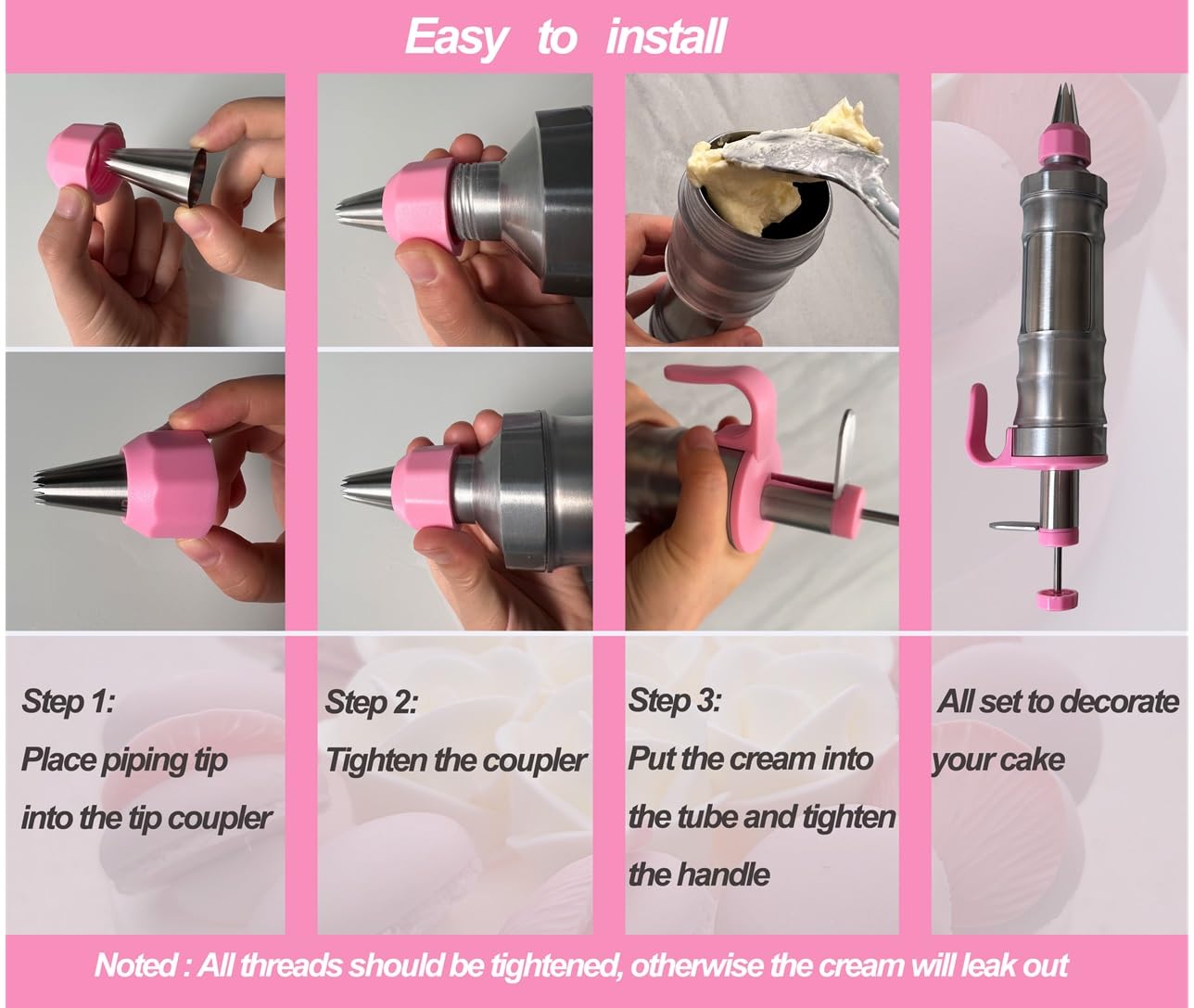 Juego de jeringas para decoración de postres, pistola para decoración de pasteles, kit de tuberías de glaseado de acero inoxidable, herramientas de decoración de pasteles (plata y rosa)