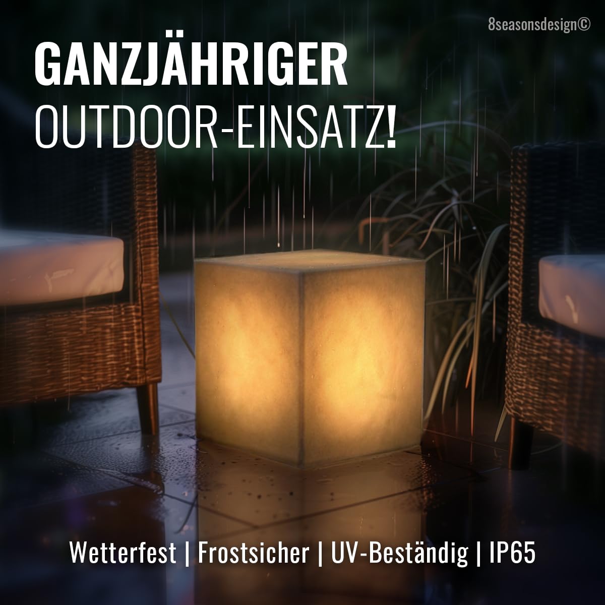 8 seasons design LED Würfel 33 cm, Shining Cube (Anthrazit) E27-Fassung, Leuchtmittel warmweiß – wetterfest – Leuchtwürfel für außen (Garten, Terrasse, Balkon) und innen – Beistelltisch, Hocker