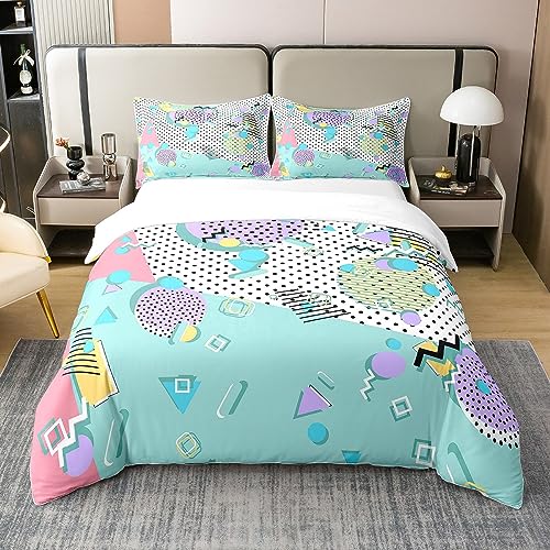 Memphis 100% Cotton Duvet Cover King,Colorful Memphis Style Comforter Cover,Child Trippy Circle Triangle Bedding Set for Kids Boys Girls Retro 80'S 90'S Style Abstract Artwork Bedspread Cover