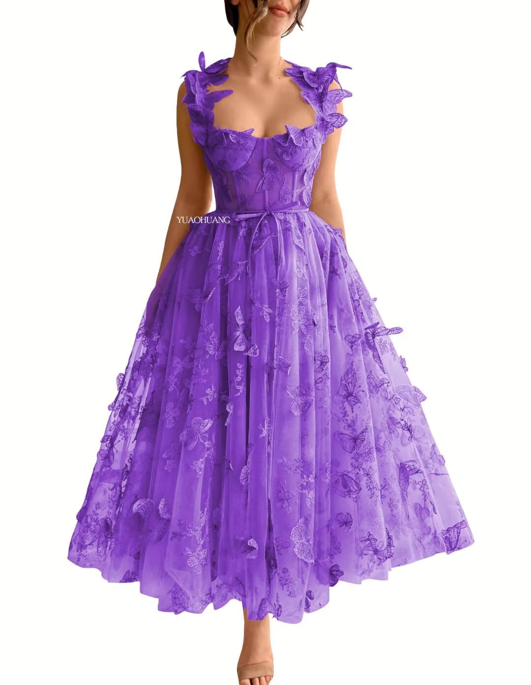 YUAOHUANG Women's 3D Butterfly Tulle Prom Dresses Tea Length A Line Formal Evening Gown with Pockets