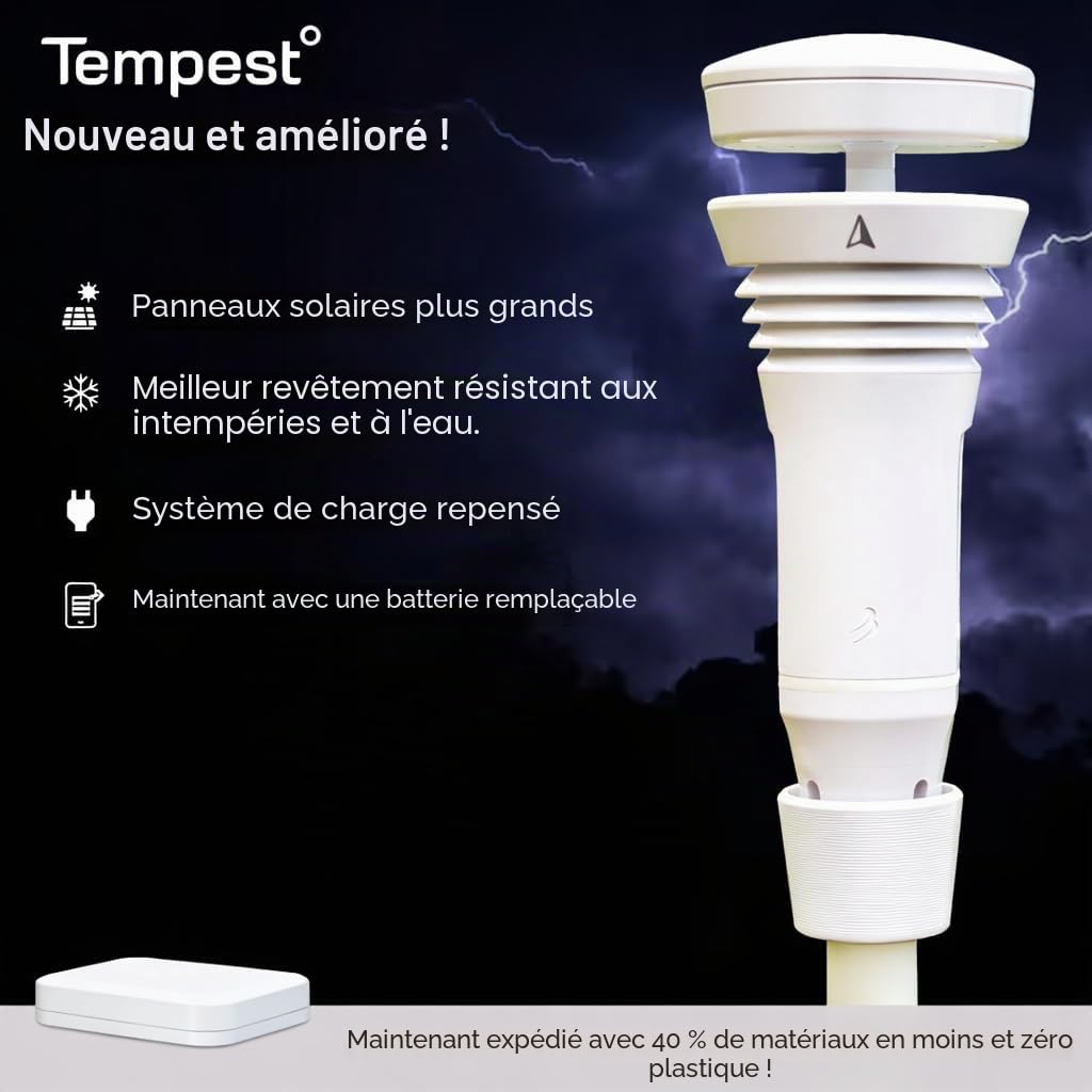 Système météo Tempest avec compteur de vent intégré, pluviomètre et prévisions météo précises, sans fil, application et Alexa activés