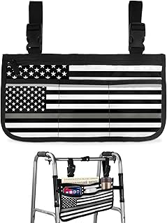 Thin Gray Line Flag Wheelchair Side Bag Walker Bag, American Flag Silver Stripes Wheelchair Accessories Armrest Pouch, Organizer Storage Bag for Walkers, Rollators, Scooters, 7.3'x13'