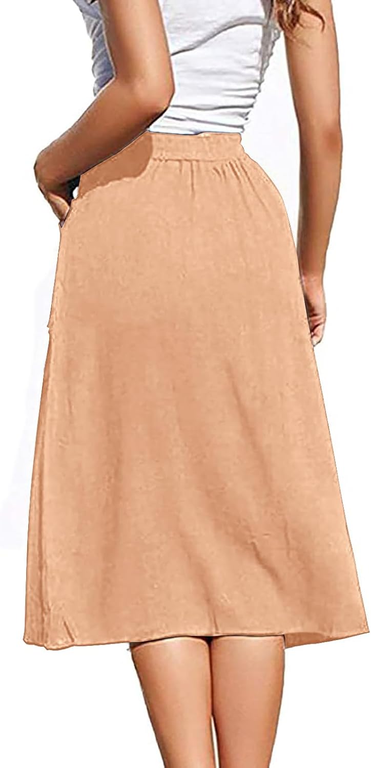 Women's Midi Skirts Casual High Elastic Waist A Line Pleated Midi Skirts with Pockets - Image 3