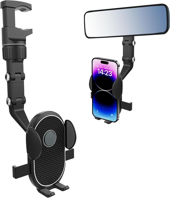Rear View Mirror Phone Holder for Car, 360° Rotatable Rearview Mirror Phone Mount, Multifunctional Car Cellphone Holder with Adjustable Clamp, Universal for Most Smartphones (Black)