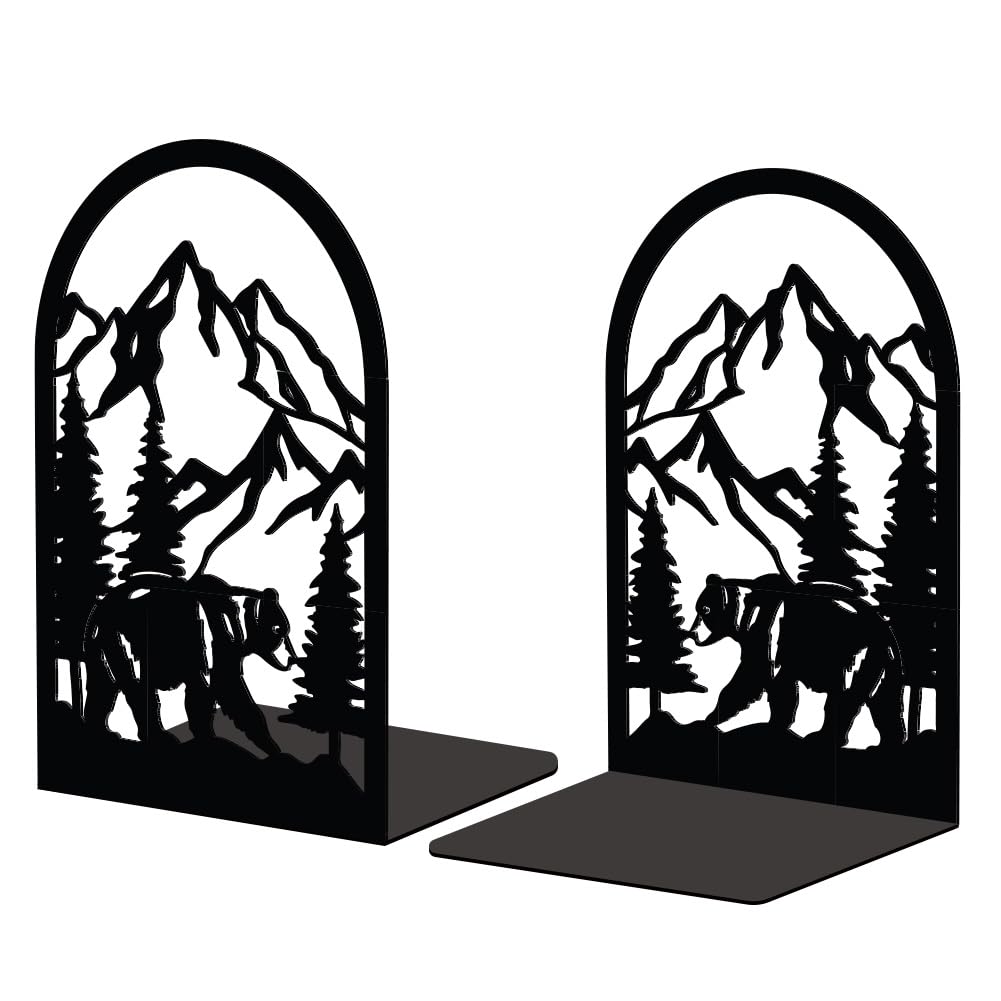 Peacoblue Metal Bookend Stopper Holder Stand for Shelves Decorative, 13.5x11x20 Modern Creative Heavy Duty Study Book End for Desk Shelf, 1 Pair (Mountain and Forest with Bear)